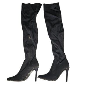 Fashion Nova Black Zip Up Over The Knee Tall Heeled Boot Gold Stud Trim Size 8